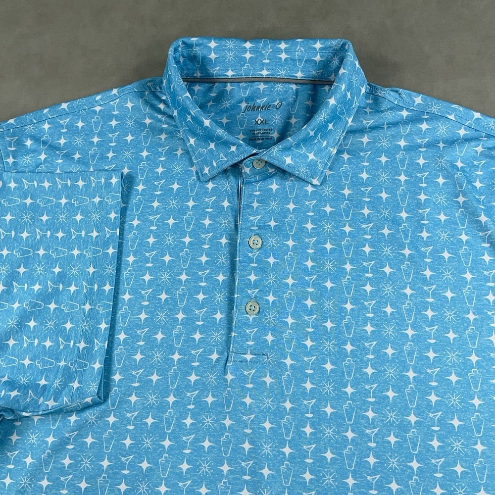 Johnnie-O Polo Shirt Mens 2XL Golf Performance Martini Shaker Print Blue Stretch